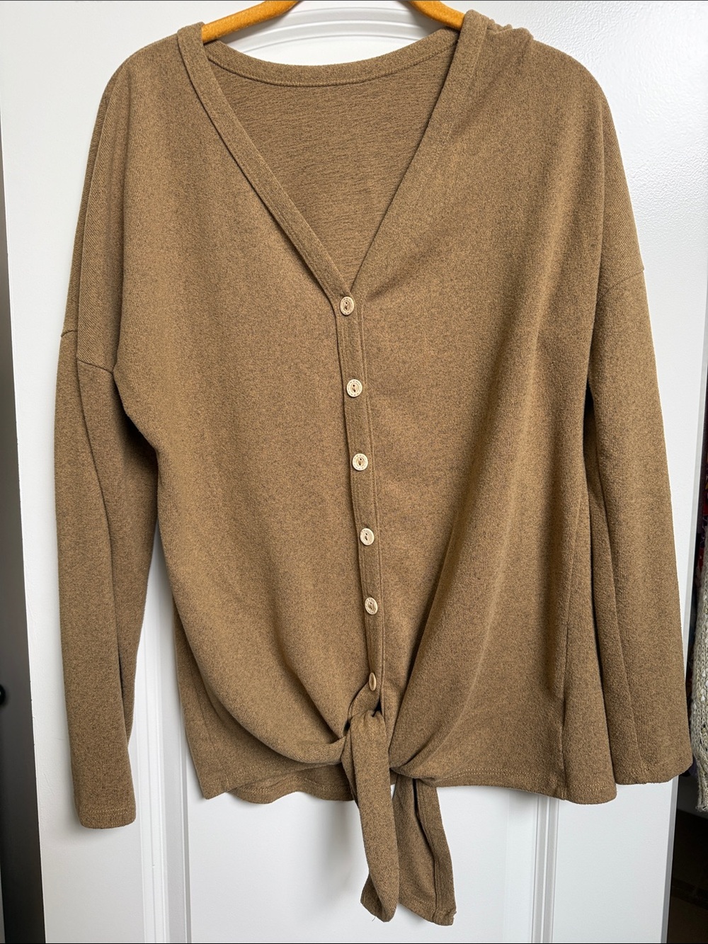 Women’s Brown Button-Front Tie-Hem Sweater